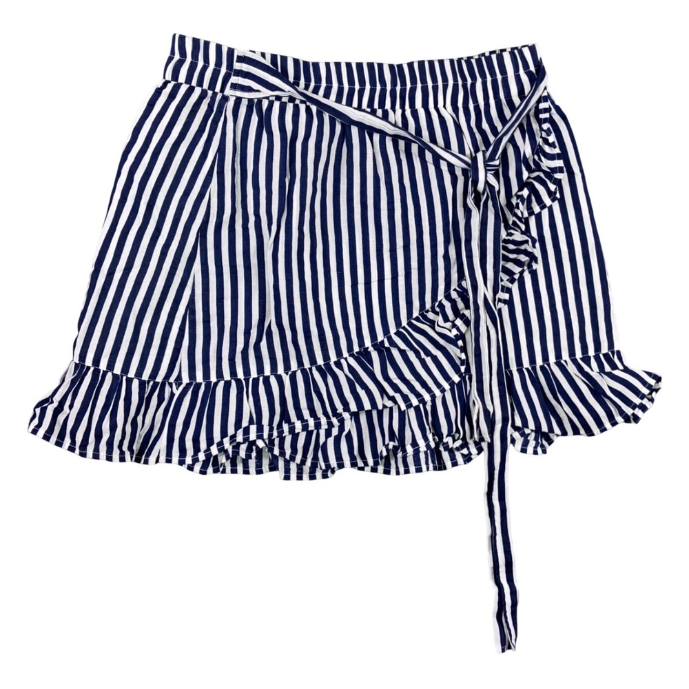 Ruffle Wrap Mini Skirt Women M Blue White Stripe Linen Sailor Beachy Nautical